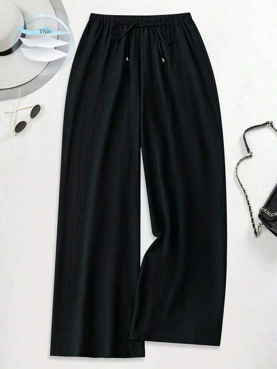 Pantalones anchos y largos sueltos de moda para mujeres de talla grande - Negro - Ver 1