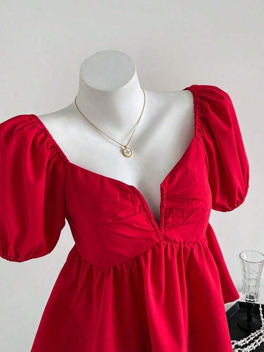 Blusa casual elegante de mujer con cuello en V profundo y plisado en color rojo - Rojo - Ver 1