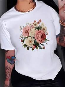 Soft Flowers In Shades Of Pink And Cream Symbolize Calm Elegance And Natural Feminine Energy. Women's T-Shirt With Delicate Floral Print And A Modern Romantic Touch. - 白色 - 查看 1