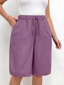 Pantalones cortos holgados de lino de talla grande para mujer, de unicolor, con bolsillo y lazo en la cintura, pantalones cortos anchos y de pierna ancha, pantalones cortos modestos para vacaciones y verano, color negro - Rosa vieja - Ver 5