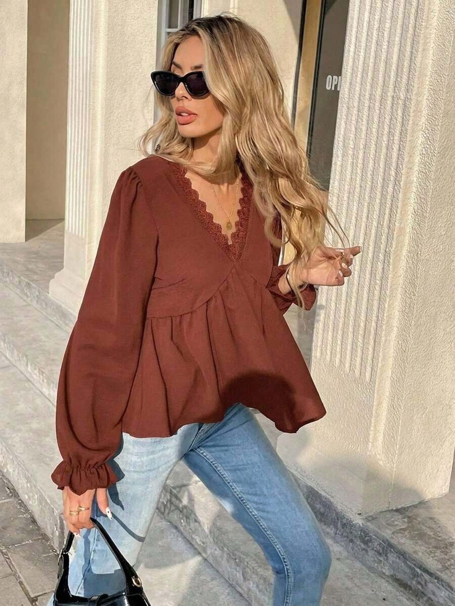 de manga larga con cuello en V, unicolor, con volantes y parches de encaje para el verano - Rojo - Ver 1