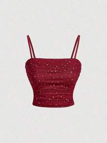 Top elegante azul ajustado con recogido delantero, top de otoño, sexy, para fiesta, cita, club, top con lentejuelas, top tipo camiseta de cumpleaños - Burdeos - Ver 5