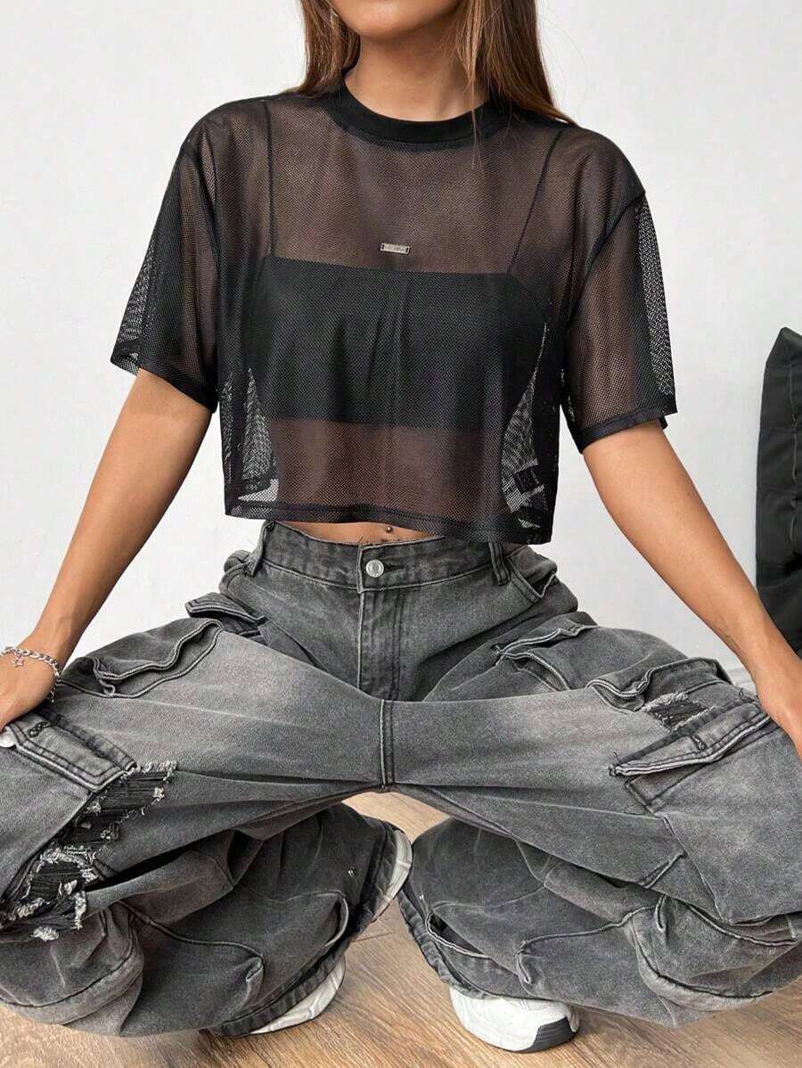 Top de malla negra de manga corta para mujer - Negro 2 - Ver 1