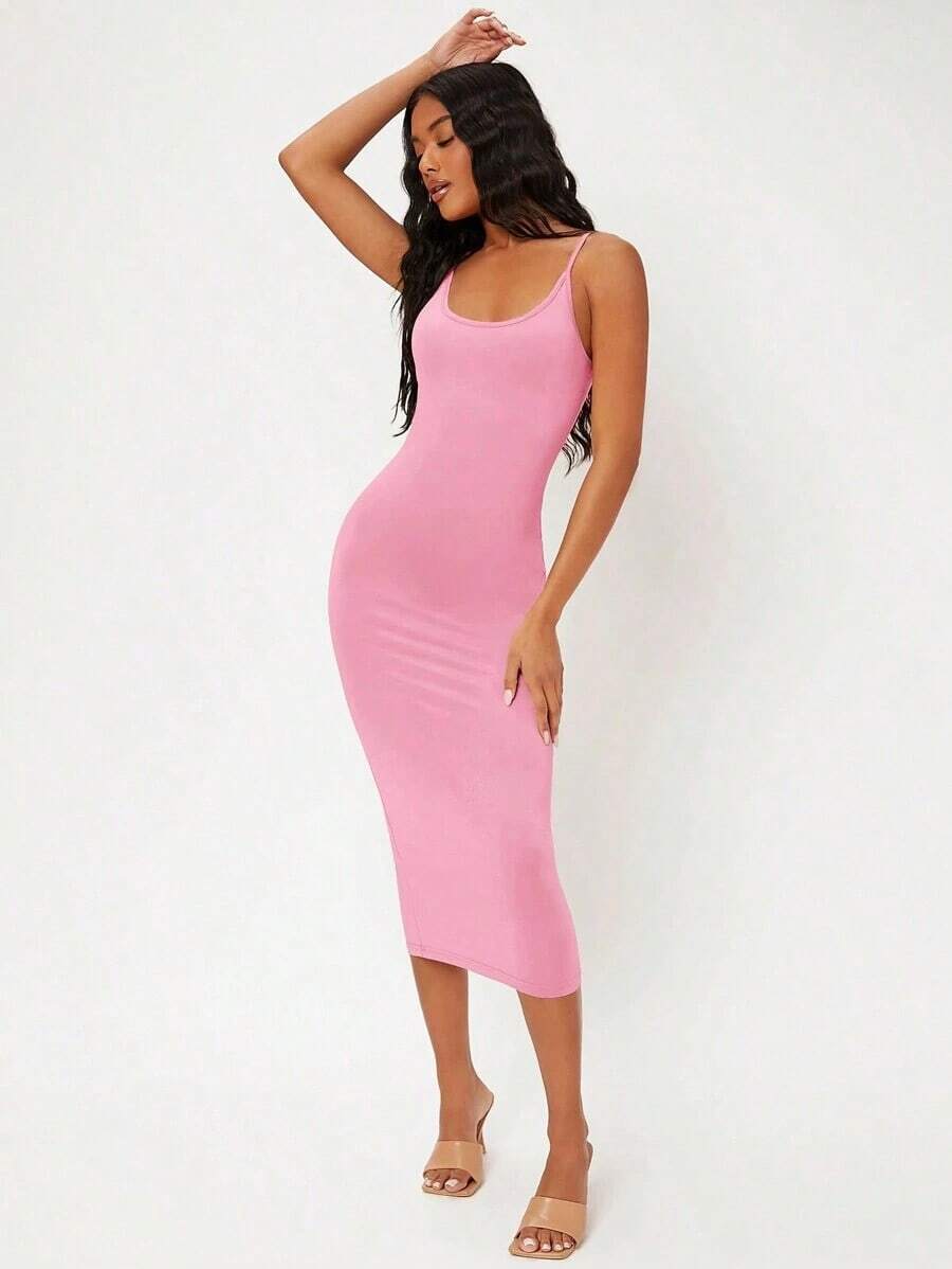 BASICS Vestido casual de cóctel ceñido de tirantes lisos para cena y citas - Rosa - Ver 1