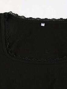 Blusa de mangas largas con cuello cuadrado, ajuste delgado y encaje de contraste primaveral - Negro - Ver 5