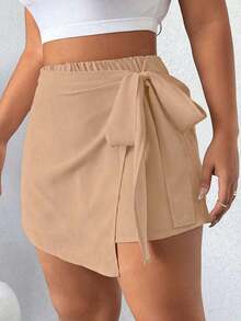 Falda pantalón informal de aspecto de mezclilla con doblez asimétrico y nudo lateral para mujer talla grande - Camel - Ver 6