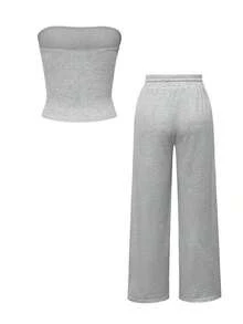 Conjunto de 2 piezas de ropa de otoño Vaiaye: Top corto ajustado y sexy sin tirantes, camiseta básica de unicolor elástica y ajustada, top tipo bandeau para yoga; Conjunto de pantalones para primavera/verano - flor gris - Ver 4