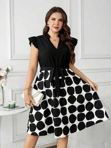 Vestido con estampado gráfico, cuello con muesca, volantes, cinturón, lunares, vestidos para mujer, vestidos casuales de primavera, vestidos de picnic, vestidos de verano, vestidos de primavera, vestidos de festival, vestidos de Pascua, vestid - Blanco y Negro - Ver 8