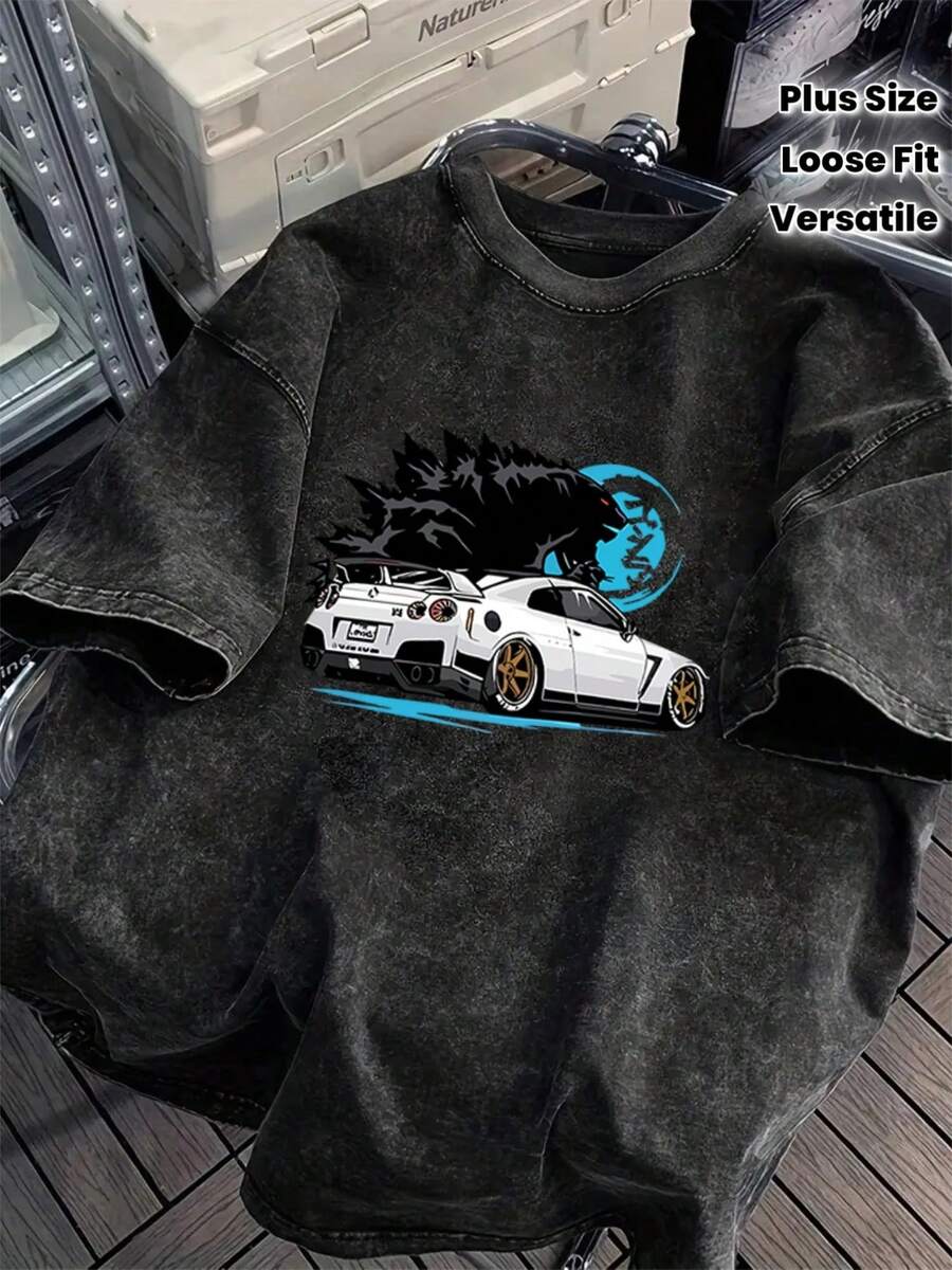 Men's Heavyweight 230G Vintage Washed Graphic T-Shirt, Distressed Streetwear Short Sleeve Top - Casual Summer Loose Fit, Car Design, Crew Neck Short Sleeve T-Shirt, Versatile And Men's Clothing - 黑色 - 查看 1