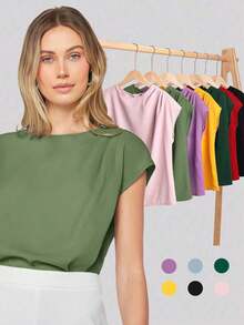 Blusa de mujer con mangas de murciélago asimétricas, de unicolor, estilo básico urbano de viaje, moda elegante y sencilla para negocios casuales, adecuada para maestras y uso en la oficina - Verde - Ver 3