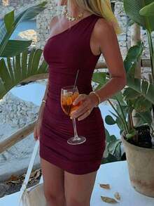 Vestido mini de punto de unicolor con hombros descubiertos, ceñido y sexy para mujer.Vestidos cortos con cuello de hombros descubiertos, apropiado para el Día de San Valentín, elegante - Burdeos - Ver 5