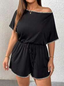 Mono de talla grande para mujer, ropa de verano, shorts, hombros descubiertos y graciosos, conjunto de verano para mujer, atuendo de rave de festival, conjunto de verano para vacaciones de mujer, mono casual de mujer - Negro 2 - Ver 3