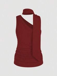 Camiseta de tirantes con diseño elegante, ajuste ceñido y pliegues con unicolor para mujer en verano - Rojo - Ver 2