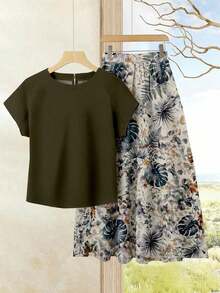 Set de 2 piezas Blusa de unicolor + Falda estampada con flores moradas de estilo casual de vacaciones para mujer, Conjunto de verano para mujer, Conjunto de falda y blusa, Conjunto de falda y blusa para mujer, Conjunto de falda estampada de pri - Multicolor 9 - Ver 1