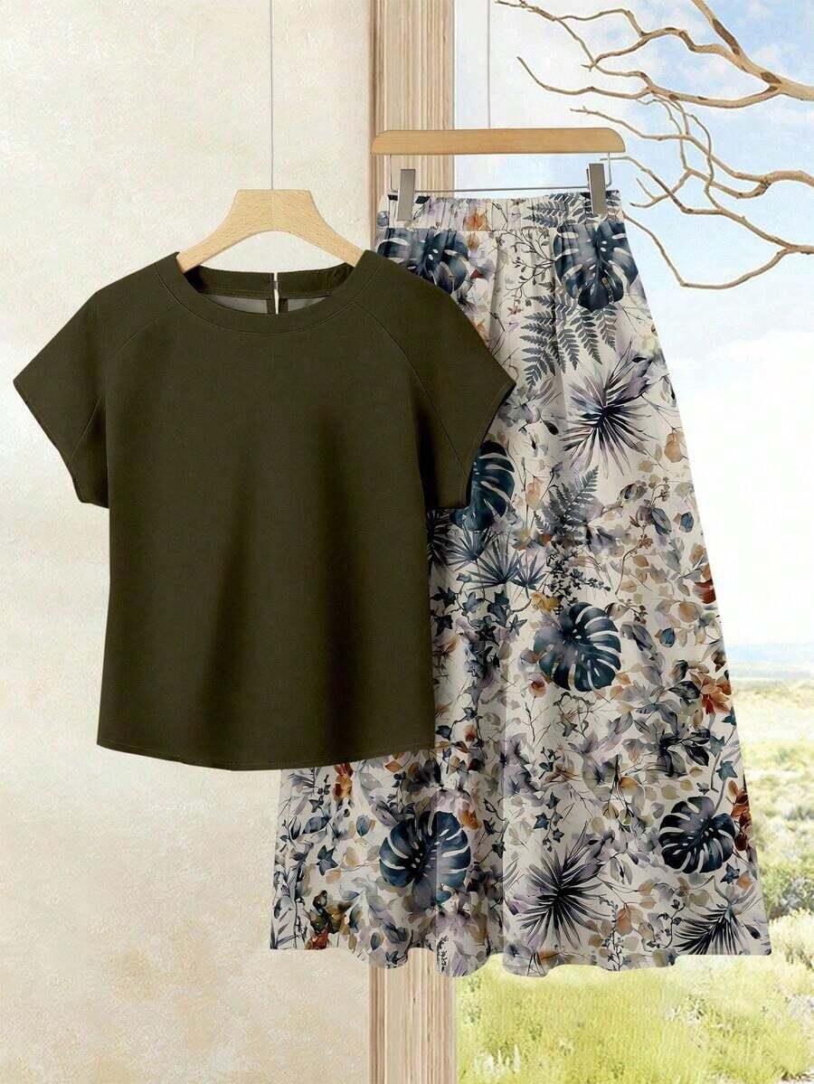 Set de 2 piezas Blusa de unicolor + Falda estampada con flores moradas de estilo casual de vacaciones para mujer, Conjunto de verano para mujer, Conjunto de falda y blusa, Conjunto de falda y blusa para mujer, Conjunto de falda estampada de pri - Multicolor 9 - Ver 1