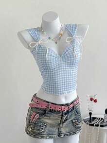 Top a cuadros sin mangas para mujeres con escote de corazón y nudo delantero - Azul - Ver 6