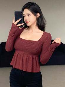 Blusa casual de mujer con cuello cuadrado, manga corta, silueta acampanada y tela texturizada, top sexy y lindo - Burdeos - Ver 4