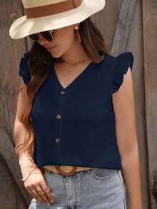 Clasi Blusa de manga abullonada de unicolor casual para vacaciones de verano - Azul marino - Ver 5