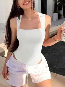 Body casual de un solo color con tirantes anchos y ajustado para mujer - Blanco - Ver 5