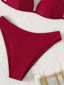 Conjunto de bikini liso, sujetador push up y parte inferior de bikini, traje de baño de 2 piezas - Burdeos - Ver 5