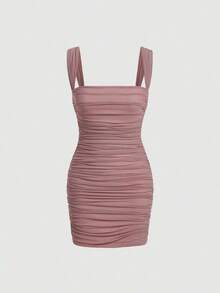 Vestido ajustado de cuello cuadrado fruncido - Rosa vieja - Ver 5