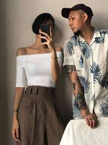 Camiseta negra de manga corta ajustada con hombros descubiertos de unicolor para mujer, primavera/verano - Blanco 2 - Ver 4