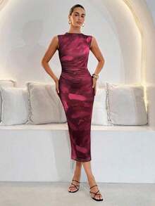 Vestido midi de Body con estampado abstracto rojo sin mangas, adecuado para el verano - Rojo violeta - Ver 4