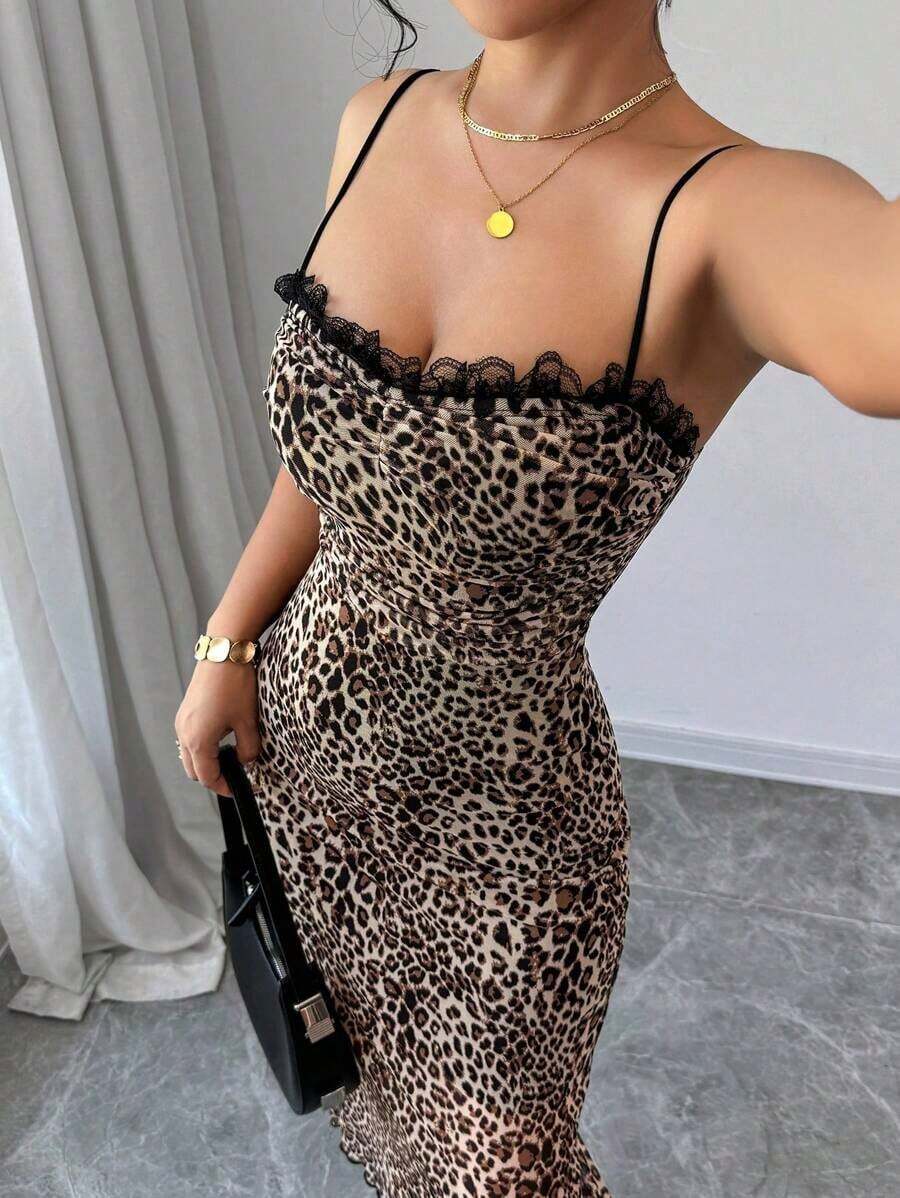 Vestido de largo medio con estampado de leopardo, encaje y parches, de tela elástica, sin espalda, vestido romántico y sexy, adecuado para uso diario, trabajo, vacaciones, fiesta y citas - Multicolor - Ver 1