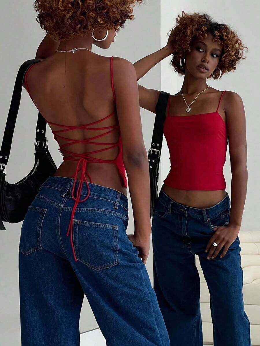 Camiseta sin espalda de unicolor y sexy para mujer - Rojo - Ver 1