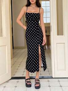Vestido camisero elegante de mujer con tirantes finos, espalda descubierta, pliegues y abertura alta en la falda - Negro - Ver 5