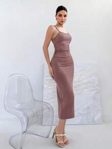 Vestido con tirantes con moño sin espalda, de material elástico, para verano - Rosa vieja - Ver 3