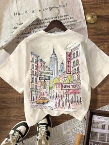 3pcs Camiseta gráfica de la ciudad de Nueva York, camiseta casual de mujer de cuello redondo y manga corta, conjunto de vacaciones de verano,Soft Fabric, Loose Design, Round Neck, Short Sleeves, Springsummer, Daily Wear - Albaricoque - Ver 5