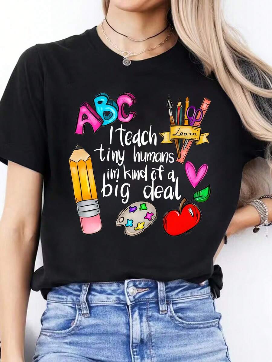 Women's Short Sleeve Sports T-Shirt With Round Neck And Spanish Alphabet Print - Spring/Summer - 黑色 - 查看 1