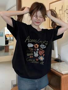 Women's Short-Sleeved T-Shirt With Hand-Drawn Y2K Style Plant And Animal Letter Print, New Summer Fashion, Loose And Versatile Y2K Top With Round Neck - 黑色 - 查看 4