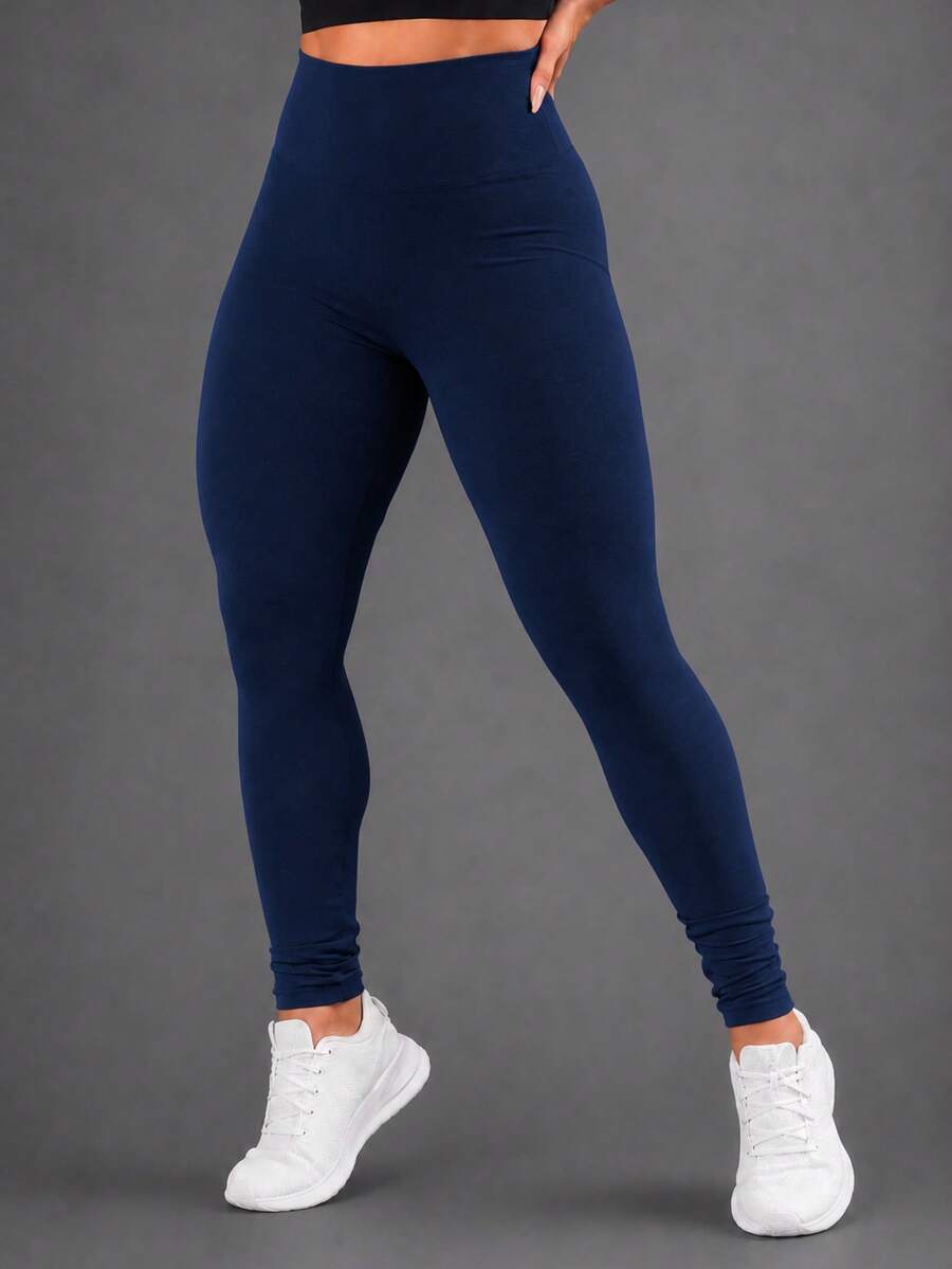 High-Waisted Flannel Leggings - Navy Blue - View 1