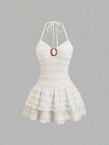 Petite Vestido de mujer con cuello en V y lazo en la cintura, color albaricoque, para primavera/verano - Albaricoque - Ver 1