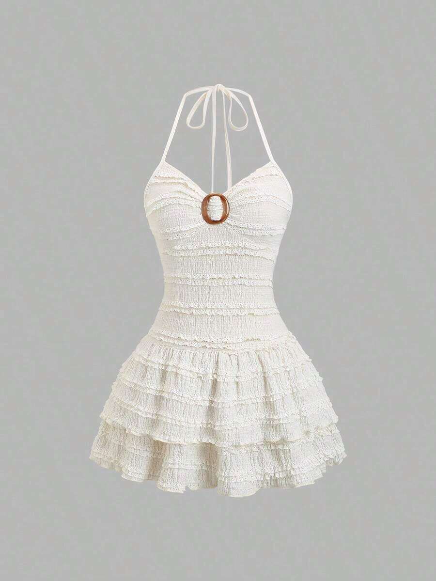 Petite Vestido de mujer con cuello en V y lazo en la cintura, color albaricoque, para primavera/verano - Albaricoque - Ver 1