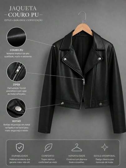 Jaqueta Feminina de Couro Sintético Cropped – Estilo Fashionista, Elegância e Atitude para Qualquer Ocasião  Bolso  Zíper    Diário  Noite