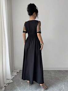 YHHElenzga Vestido midi con cuello cuadrado asimétrico y bordado en la cinturaYHH - Negro - Ver 2