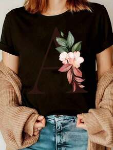 Women's T-Shirt With Inspirational Quotes - Soft Polyester Crew Neck With Floral And Vibrant Alphabet Design, Loose Fit For Casual Spring/Autumn Wear, Motivational Clothing | Floral Letter Print | Comfortable Fit Blouses>Pretty - 黑色 - 查看 7