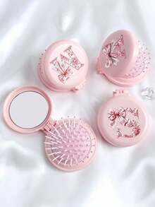 Peine plegable redondo con espejo y lazo rosa, espejo de maquillaje compacto portátil 2 en 1, peine plegable de cojín de aire mini para mujeres, niñas, mamá, adecuado para boda, viaje, camping, oficina, viajes de negocios, deportes, al aire libre, actuaciones, cepillar el cabello, multifuncional, regreso a la escuela, regalo del Día de la Madre, artículo esencial de viaje, regalos de Pascua, accesorios para mujeres - Multicolor - Ver 2