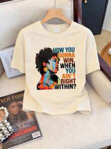 1 pieza de camiseta casual de manga corta suave con estampado gráfico "How You Gonna Win", camiseta gráfica vintage casual, estilo hip hop informal para vacaciones, tops de moda de verano para uso diario. - Albaricoque - Ver 4