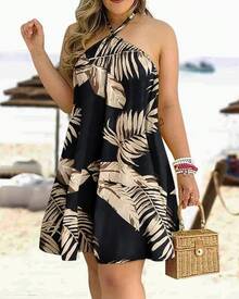 Vestido con cuello halter y estampado floral Vestido halter sin espalda bohemio para primavera y verano Ropa de mujer - Negro - Ver 5