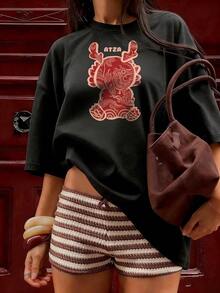 Chinese New Year Dragon T-Shirt, Fashionable Short-Sleeve T-Shirt For Spring And Summer 2026, Made In Mexico, 180 Grams. Cartoon Print, Couple Design, Suitable For Indoor Or Outdoor Wear. Crew Neck, Unisex, Ideal For Office And Leisure. One-Piece Pack. - BK-P631577SLNDXZGY574 - 查看 2