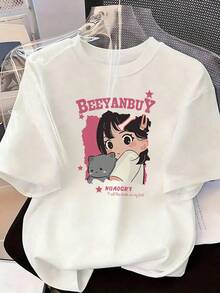 Stylish And Kawaii Short-Sleeve T-Shirt, A  Short-Sleeve T-Shirt For Spring And Summer 2026, Made In Mexico, 180 Grams. Cartoon Print, Couple Design, Suitable For Indoor Or Outdoor Wear. Crew Neck, Unisex, Ideal For The Office And Leisure. One-Pack. - WH-P631577SLNDXZGY569 - 查看 2