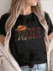 1 Short-Sleeved Polyester T-Shirt, Designed In A Western Style, Suitable For Casual Wear At Home Or In Restaurants, Lightweight And Durable, Ideal For Everyday Wear, With A Brown Hat Print And Eye-Catching Printed Text, 180g 100% Cotton. - 黑色 - 查看 12