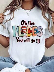 Suave, transpirable y ligera para comodidad durante todo el día. Camiseta de mujer con estampado gráfico "Oh The Places You Will Go", cuello redondo, estilo casual, regalo para ella, 220g. Cuello redondo clásico con un corte relajado que favorece todas las formas del cuerpo y es fácil de combinar con jeans, shorts y leggings. - Blanco - Ver 1