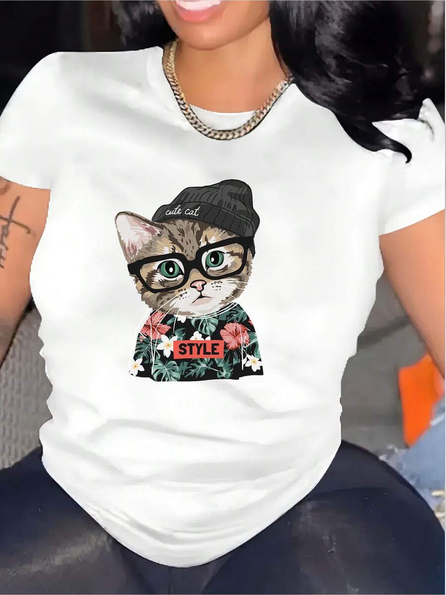 1 Piece Of Pure Cotton White T-Shirt For Women, Purrfectly Cool Floral Denim Cat Tee, 180g, 100% Cotton. - 白 - 查看 1