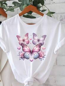 Camiseta de Mujer para el Día de San Valentín 2026, Estilo Romántico y Dulce, Uso Diario, Diseño de Mariposas y Corazones Coloridos, Cuello Redondo, Holgada, Moda Casual para Primavera y Verano - Blanco - Ver 7