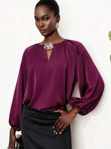 Nueva llegada Blusa elegante de manga larga y cuello en V de ajuste holgado en color rojo rosa para mujer - Rosa Fucsia - Ver 7